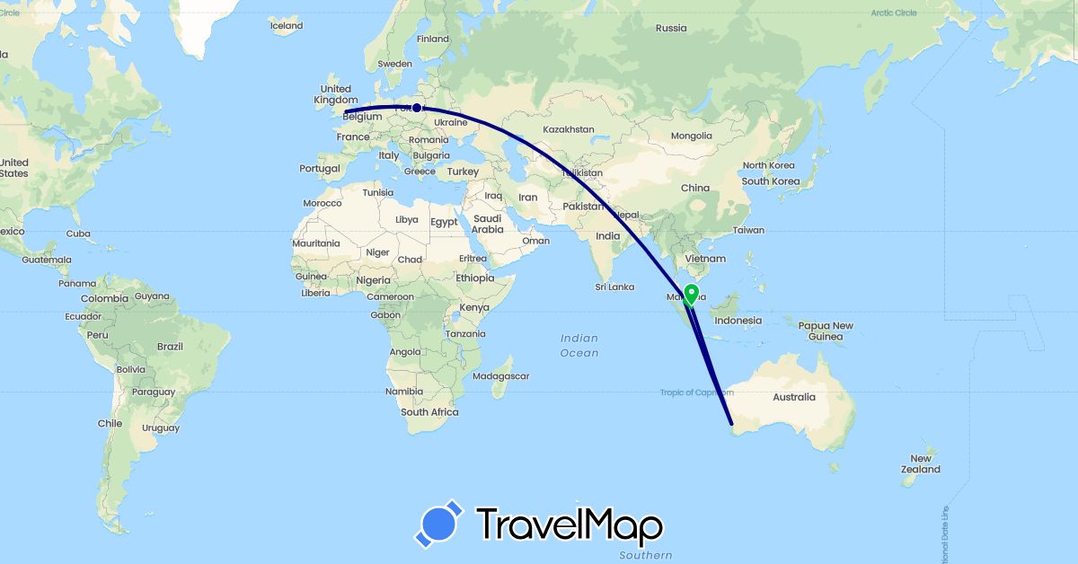 TravelMap itinerary: driving, bus, boat in Australia, United Kingdom, Malaysia, Poland, Singapore (Asia, Europe, Oceania)